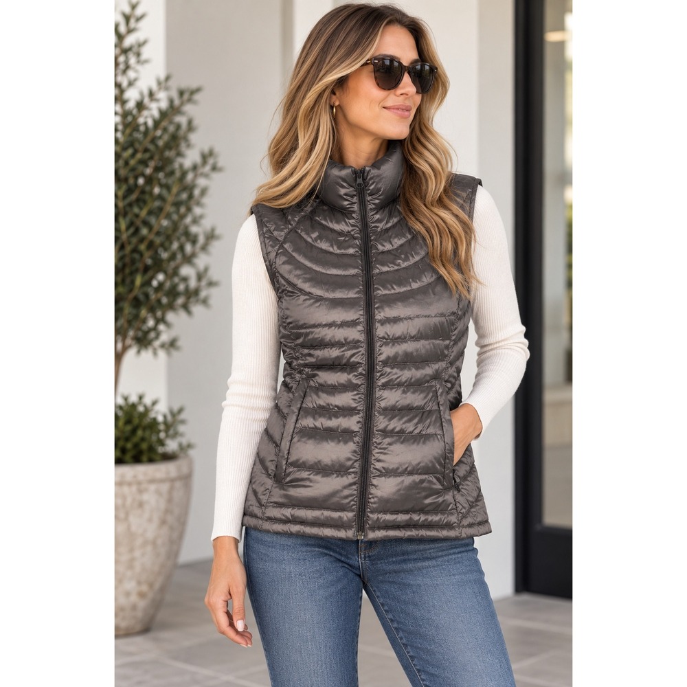 Bernardo Goose Down Puffer Vest Gray Metallic Quilted Gorpcore Minimalist Large